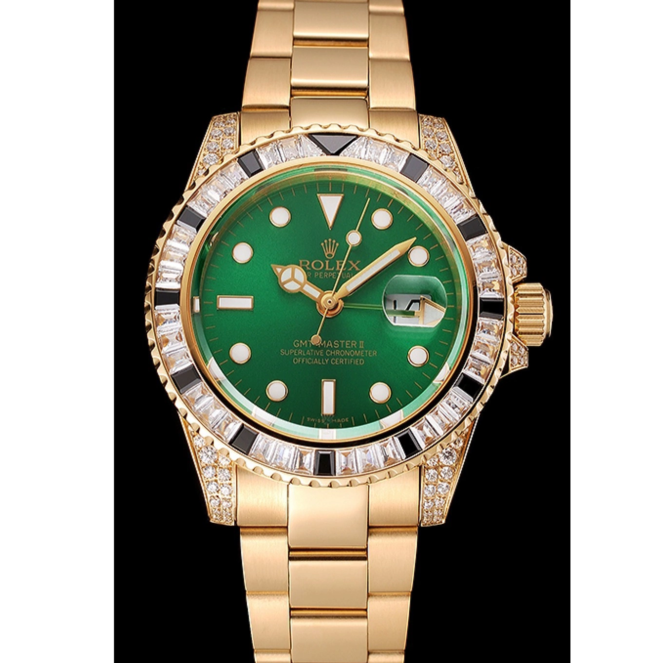 Best AAA Replica Sites Stone Dial And Master Case Swiss Bracelet Gold Green Rolex GMT II 1453748 Bezel Set 0610